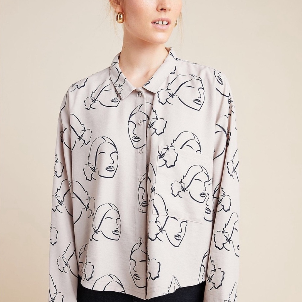 The Odells Della oversized pocket top Button down  woman face Print taupe XS